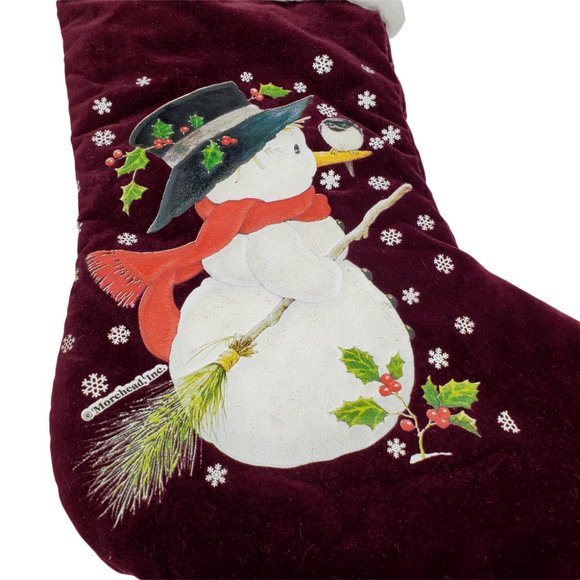 Vintage Velvet Finish Cloth Christmas Stocking w/Faux Fur Cuff & Snowman 17" - Picture 2 of 5